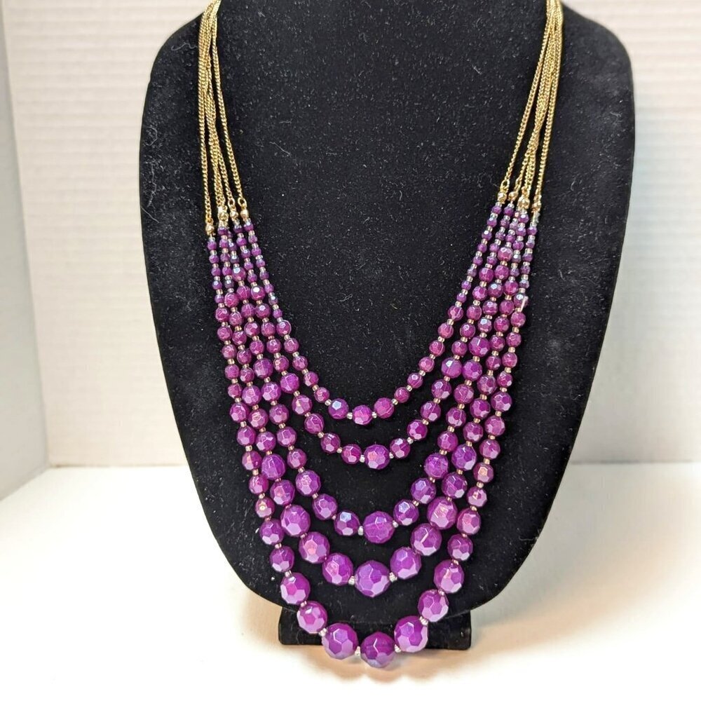 5/$100 Purple Multi Strand Graduate Beaded Necklace Gold Tone Chain Lucite